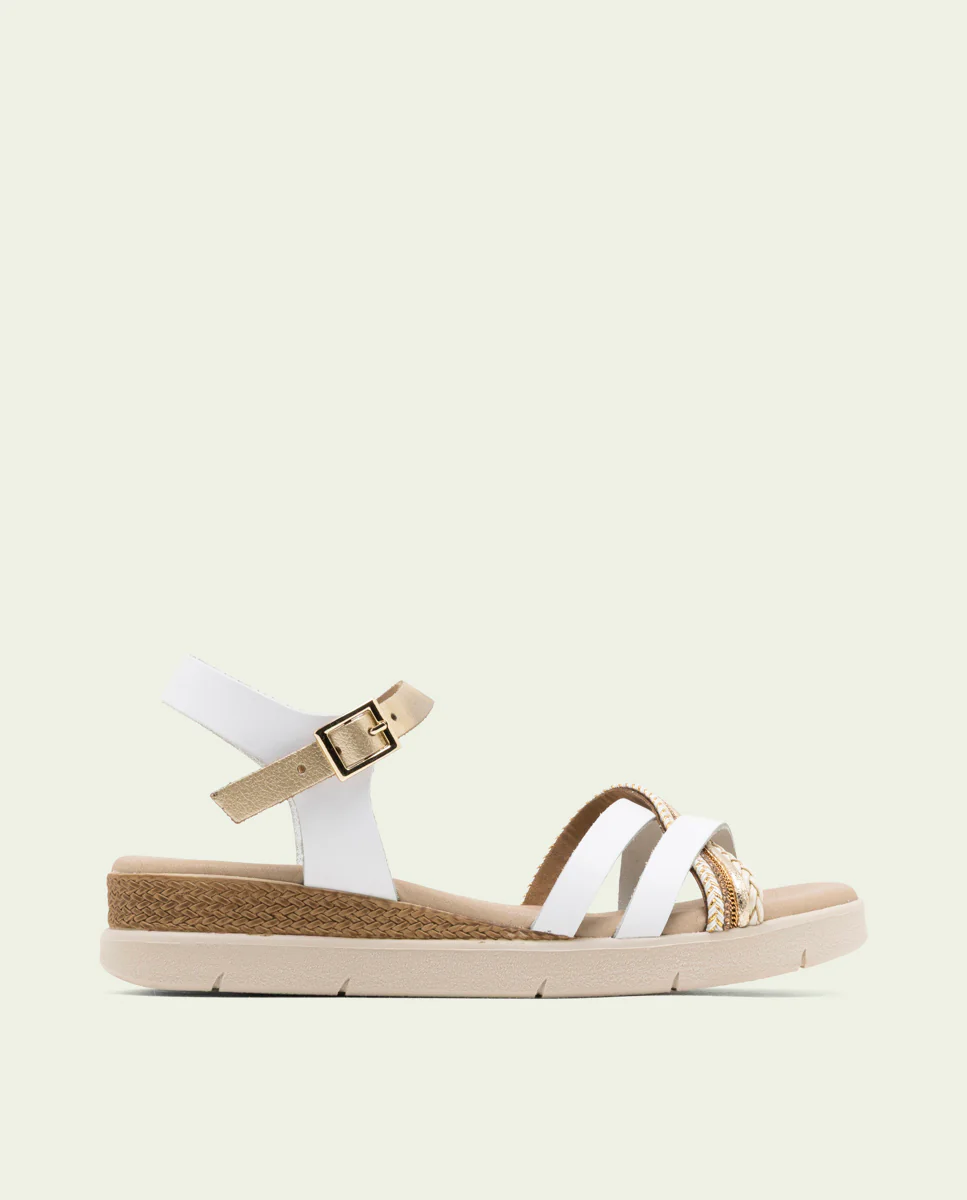 SANDALIA CUÑA DE PIEL FABIANA BLANCO ORO